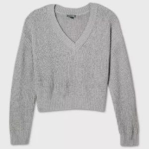 Wild Fable Steel Gray Cropped V-Neck, Long Sleeve Drop Shoulder Sweater in XXL